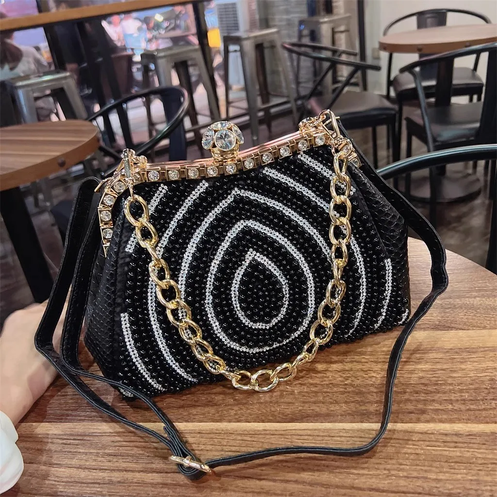 Fashion Pearl Beaded Square Bag Large Capacity Women's Handbag Glitter Rhinestones Shoulder Messenger Bag Lady Purse Casual Bag