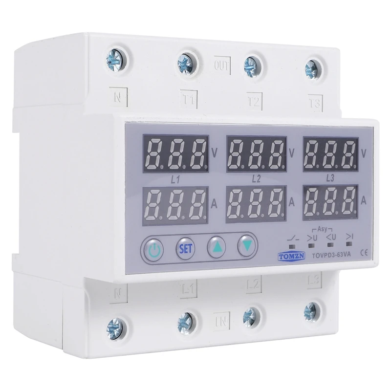 Din Rail 3 Phase Voltage Relay 380V Voltmeter Ammeter Over And Under Voltage Monitor Relays Protector Adjust Current 63A