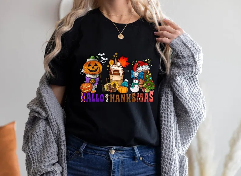 Hallothanksmas Shirt Funny Halloween Thanksgiving thanksgiving sweatshirt party Santa Short Sleeve Top Tees O Neck Drop Shipping