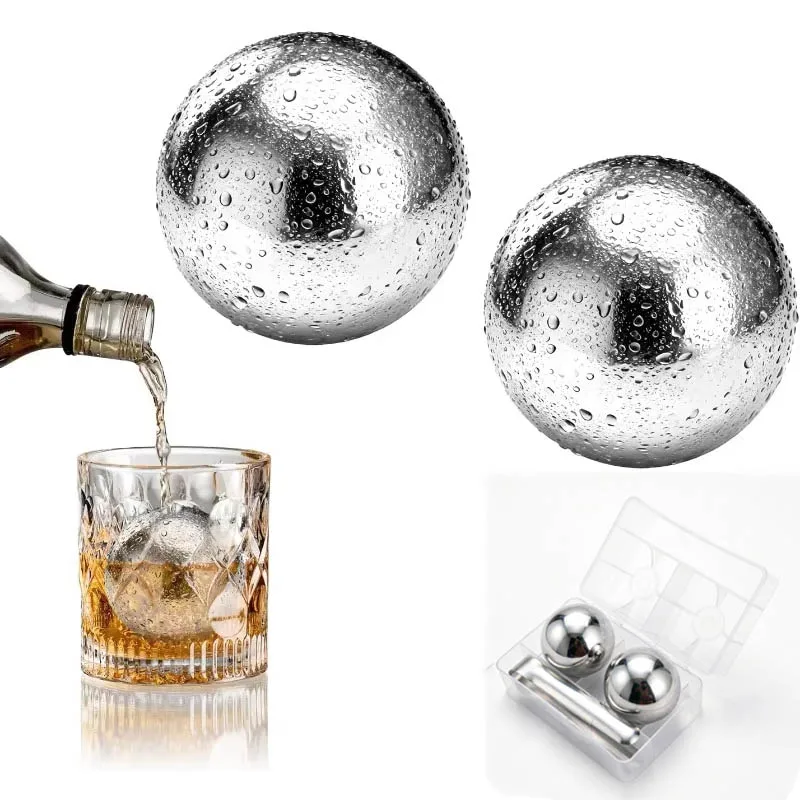 Stainless Steel Whiskey Ice Balls Set – 55mm 2 Reusable Freezer Balls with Tongs, Bar Party Accessories for Cocktails & Drinks