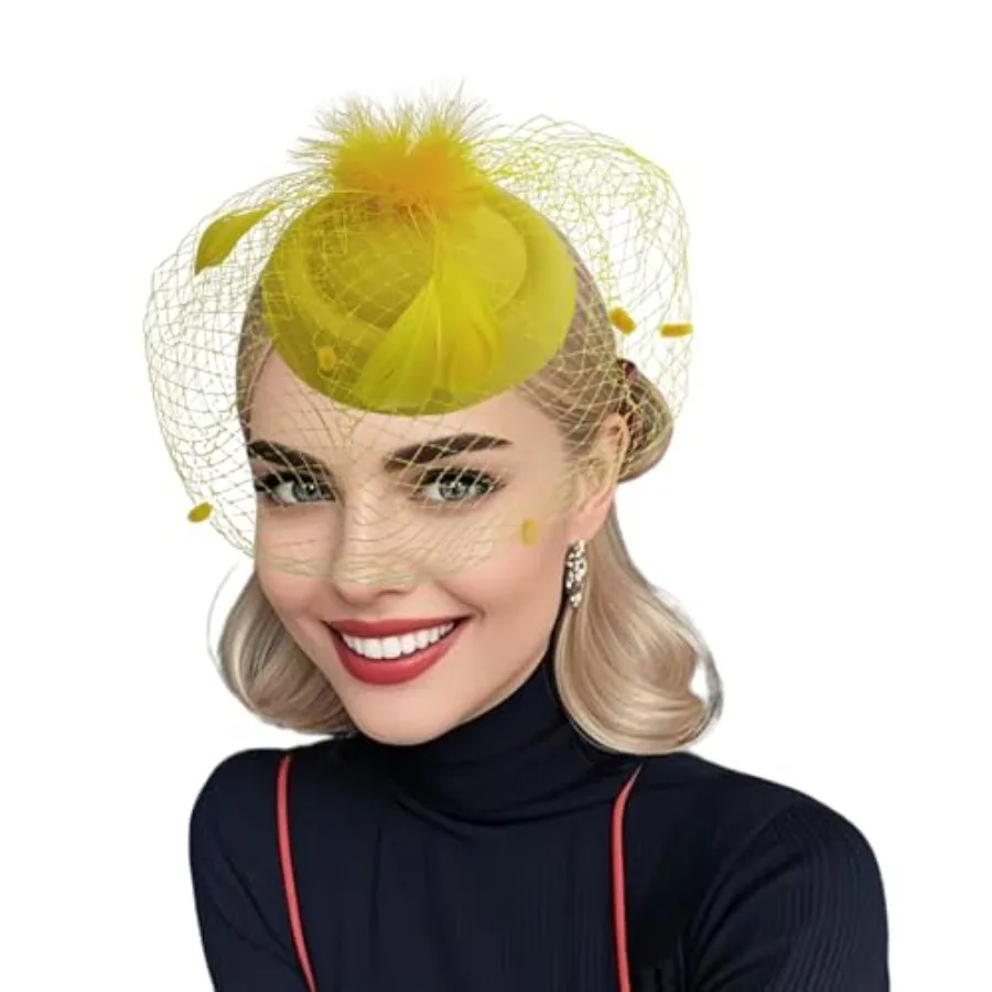Fascinator Hats for Women Tea Party Veil Feather Fancy Pillbox Hat 20s 50s