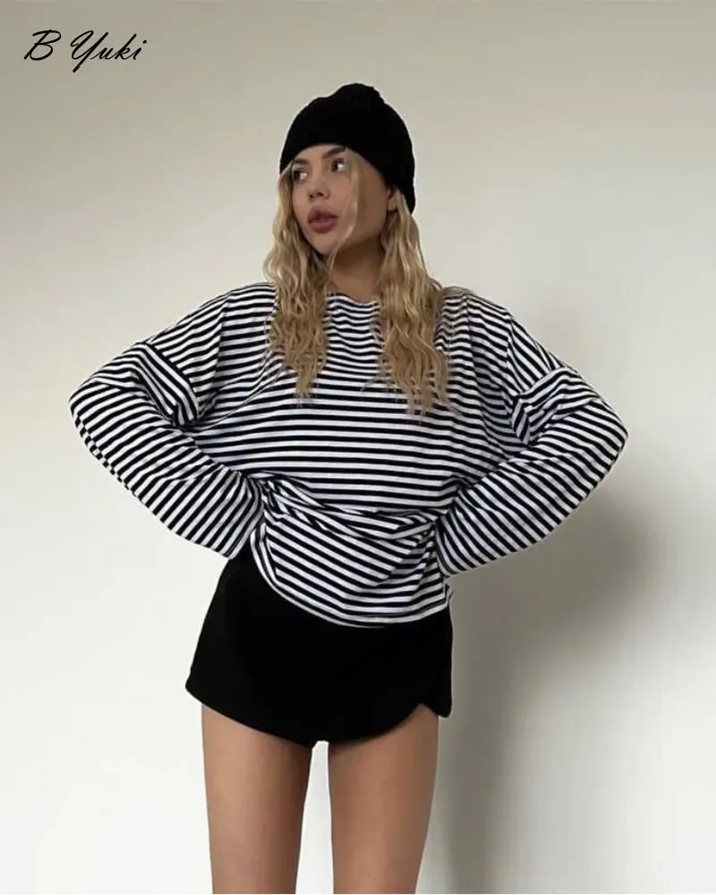 Blessyuki Oversized 100% Cotton Split Tshirts Women 2023 Spring Summer Basic Striped Chic Tees Female Casual Vintage Clothes Top