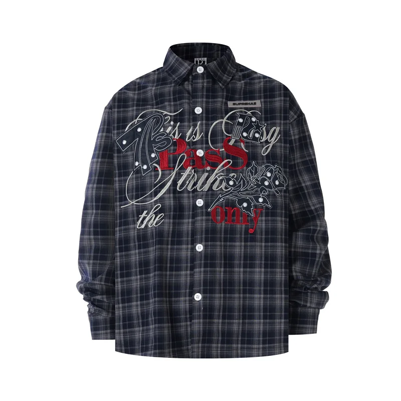 Plaid Embroidery Flower Label Knitt Rivet Long Sleeve Shirt Men Women Streetwear Casual Loose V-shape Shirt Leather Label Blouse