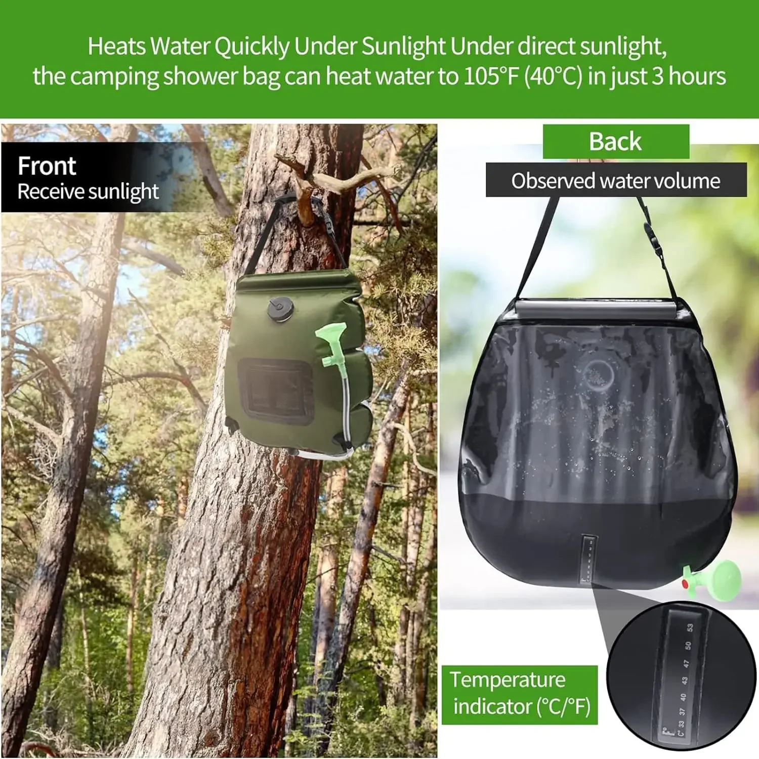 Solar Shower Bag 20L Outdoor Solar Heating Premium Camping Shower Bag Hot Water Temperature 45 with Removable Hose Shower Head