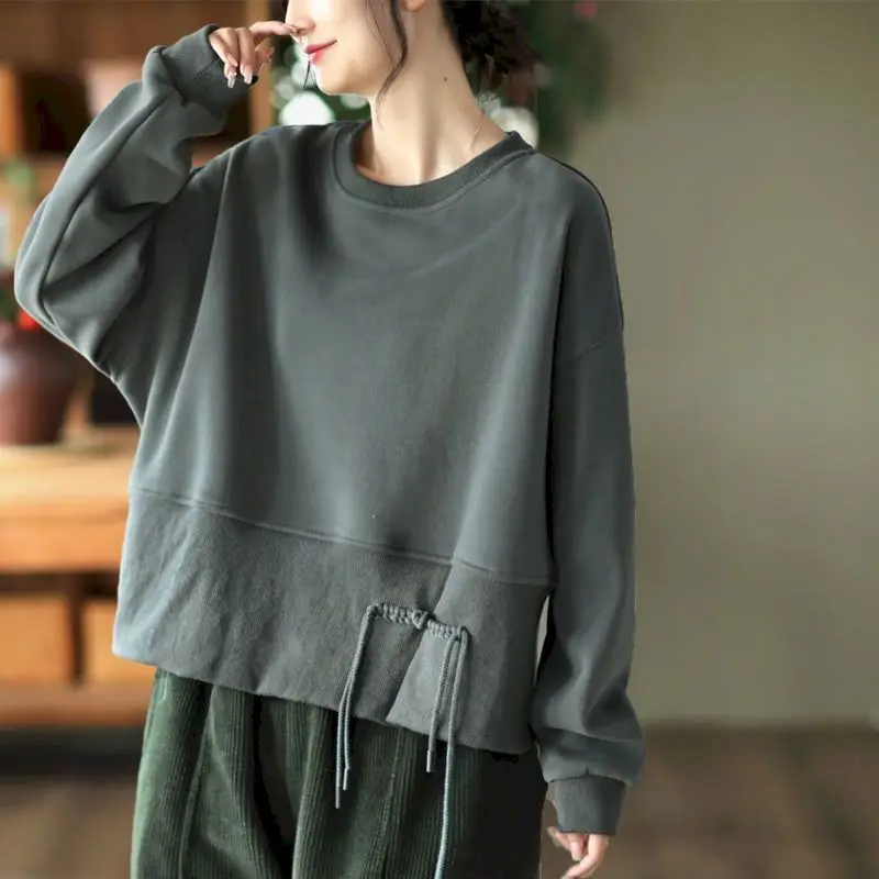 70% Cotton Pullovers Women Fashion Design Drawstring Pullover Casual Loose O-neck Short Tops Spring Autumn Long Sleeve T Shirt