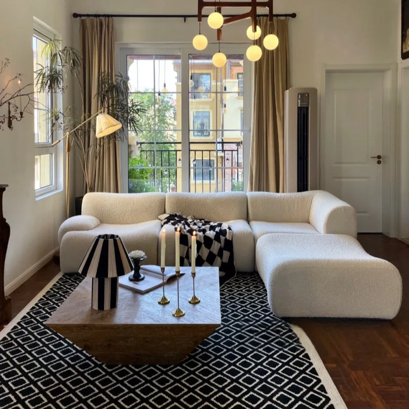 

ins cream wind white module sofa corner combination small apartment living room Mo Yueyue retro minimalist teddy velvet