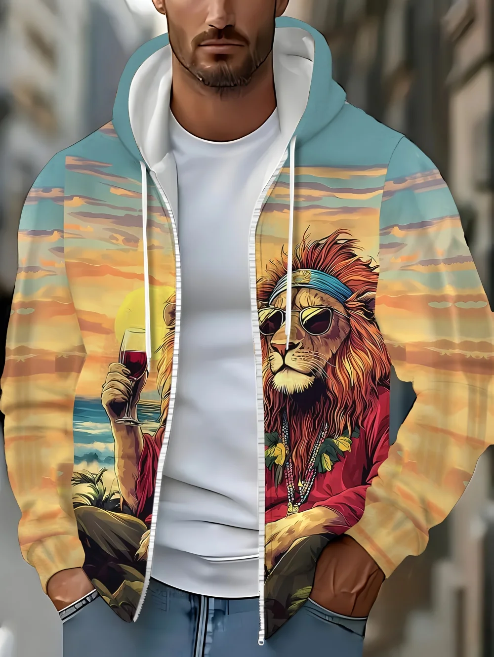 

Men's Fashion Lion Print Zip Hoodie Comfortable Drawstring Long Sleeve with Pocket Sweatshirts Spring and Autumn Men's Hoodies