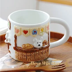 Relief Teddy Bear Handmade Ceramic Mug, Niche Girl Heart Coffee Cup, Cute and Creative Hand-painted Girl Gift