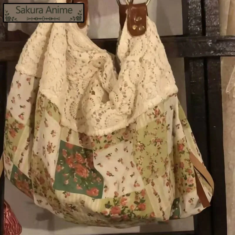 خليط الدانتيل زهرة طباعة حقائب كتف خمر كل مباراة Haruku حقائب اليد النسائية موضة Y2k الجمالية حقيبة تحت الإبط عادية