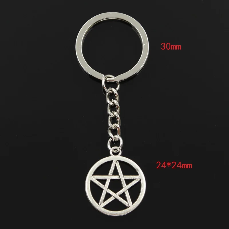 Fashion 30mm Key Ring Metal Key Chain Keychain Jewelry Antique Silver Color Plated Star Pentagram 24x24mm Pendant