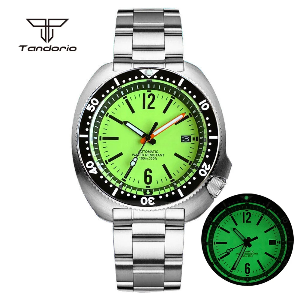 Tandorio Full Luminous Dial Automatic NH35 44mm Stainless Steel Watch for Men 20BAR Sapphire Mechanical Dive Wristwatch Sterile