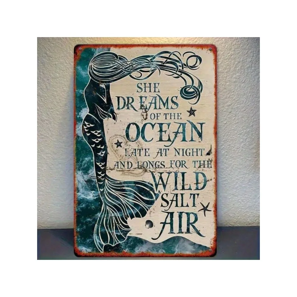 SeaVint Vintage Mermaid Metal Tin Sign Rusty Coastal Wall Art Decor for Home Patio Garden