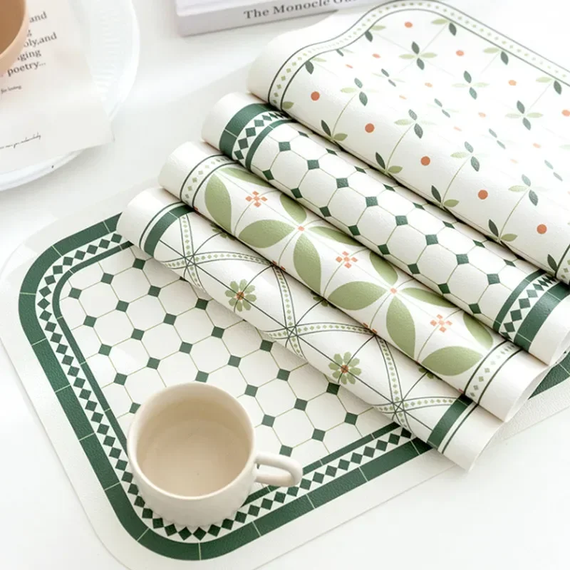 2 PCS Modern Light Luxury Lychee Pattern Placemat Waterproof And Oil-Proof Simple Green Creative Tile Series Placemat