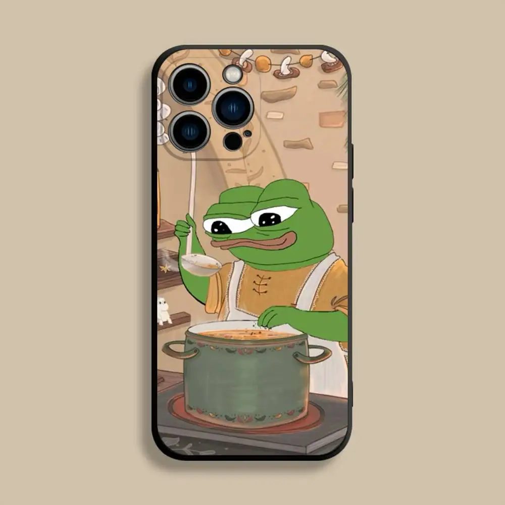 เคสโทรศัพท์ลายกบตลกๆ P-Pepe สำหรับ iPhone 17,16,15,14,13,12,Pro,Max,Plus,E,SE4,Air,Mini สีดำ แบบนิ่ม
