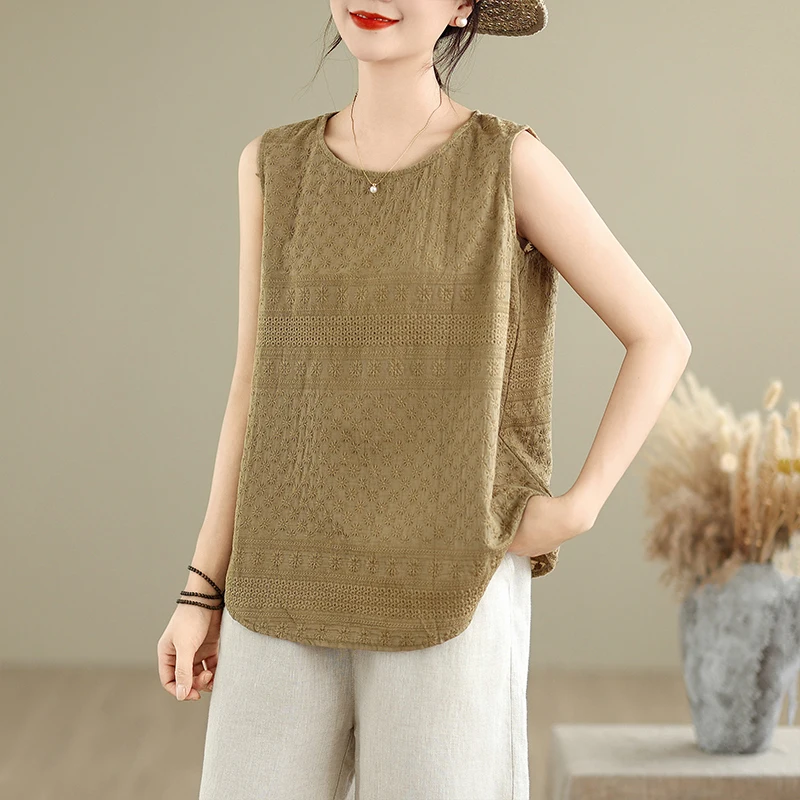 

New Arrival Summer Solid O-Neck Cotton Linen Brief Vest Blouse Shirt Elegant Office Ladies Women Casual Loose Tops Blusas