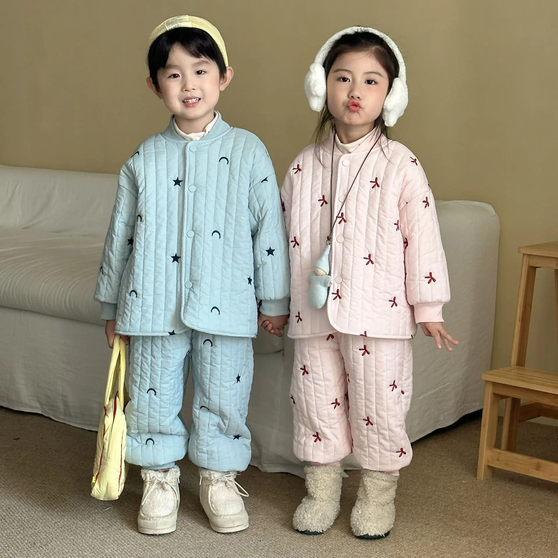 Boys Girls Cotton Padded Jacket + Pants 2pcs Suit Kids Warm Coat Outfits 2025 Winter New Children Plus Velvet Thick Clothes Set