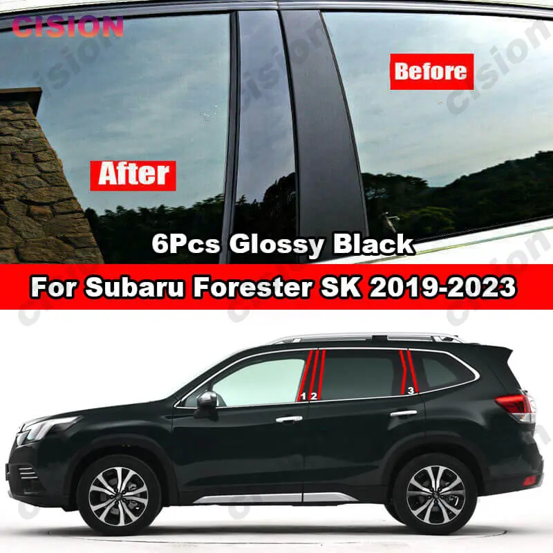 Glossy Black Mirror Effect Door Window Center Column B C Pillar Cover Post Trim PC Material For Subaru Forester SK Carbon Fiber