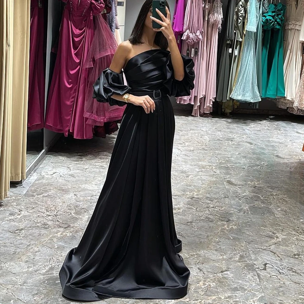 

Carolina Off Shoulder Evening Dresses Women Saudi Arabia Satin Strapless Black Vintage Wedding Guest Elegant Formal Party Gowns