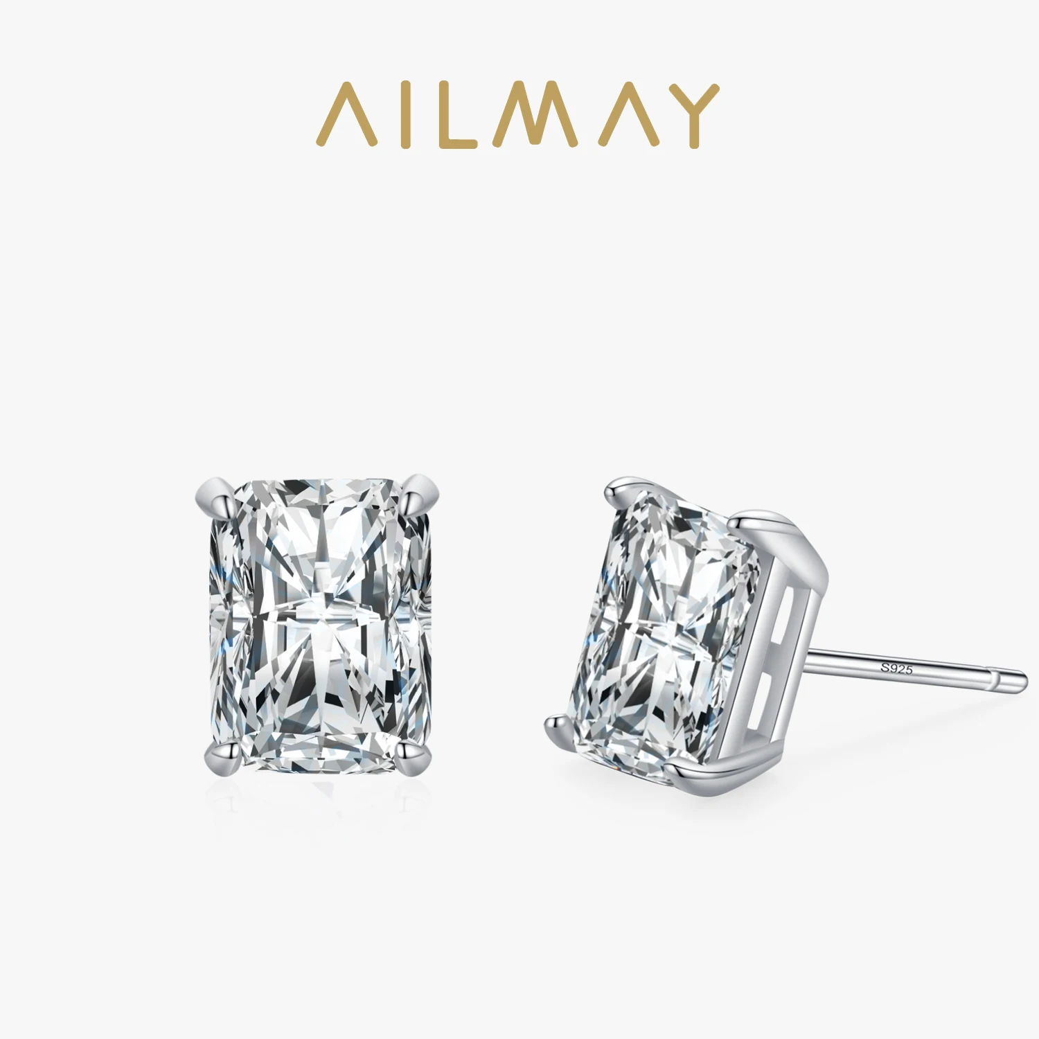 Ailmay Real 925 Sterling Silver Fashion AAAAA CZ Rectangle Stud Earrings For Women Wedding Statement Fine Silver Jewelry