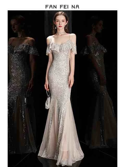 

Silver Evening Gown Women's Ball High ort Sexy Strapl Advanced Sense Fi Tail Slimming Long Faionable Par Dr