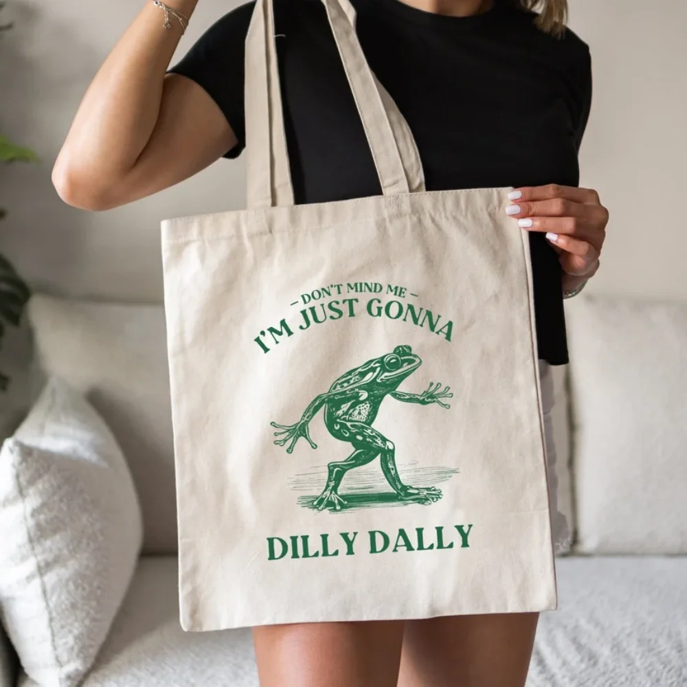 Custom Dilly Dally,Frog Tote Bag,Weirdcore,Retro Vintage Frog,Graphic Tote Bag,Funny Meme,Weird,Oddly Specific,Frog Aesthetic