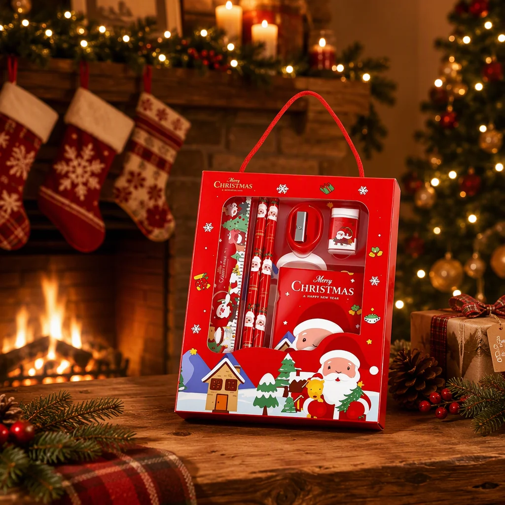 Christmas Stationery Gift Set, Xmas Themed School Supplies Box with Pencils, Ruler, Eraser, Pencil Sharpener & Notebook,Birthday