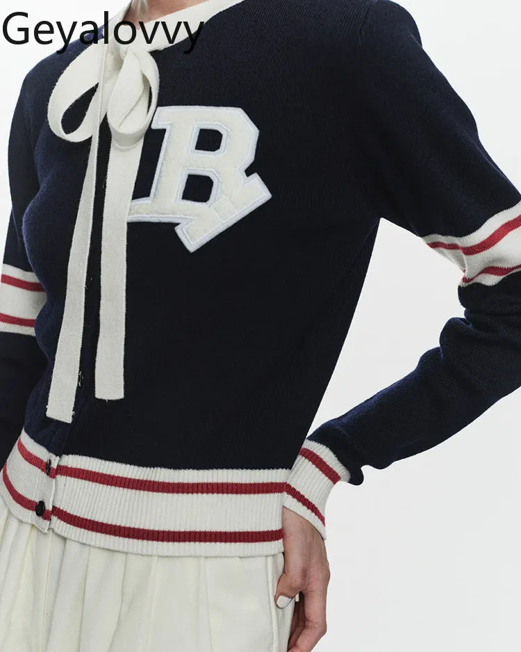 

2026 Spring New Japanese Style 3d Embroidered Contrast Color Sweater Sweet Satin Bow Tie Preppy Knit Cardigan for Women
