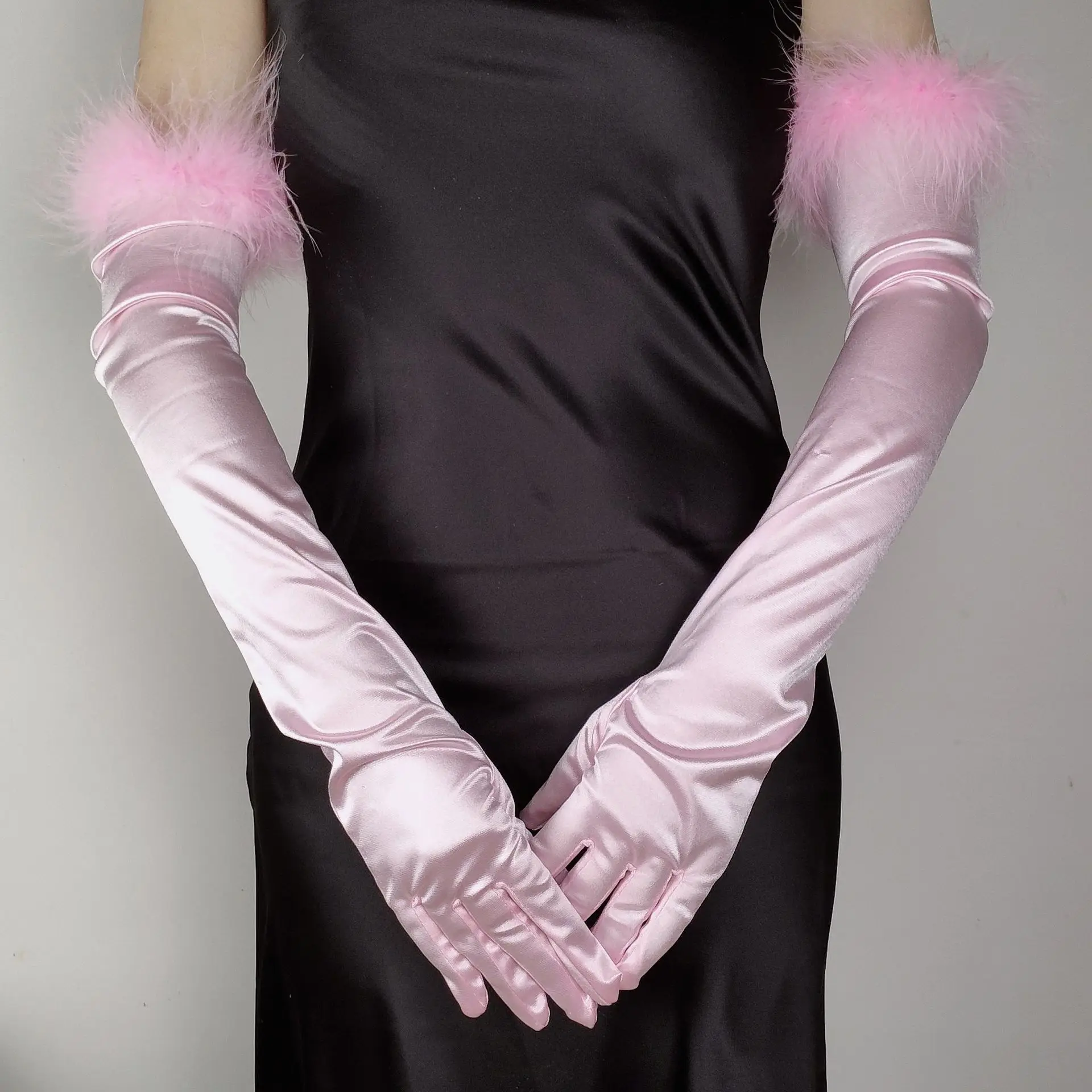 2PCS Satin Silk Gloves Set for Women Black Feather Lace Elastic Spandex Retro Style Cosplay Summer Gloves HTL03