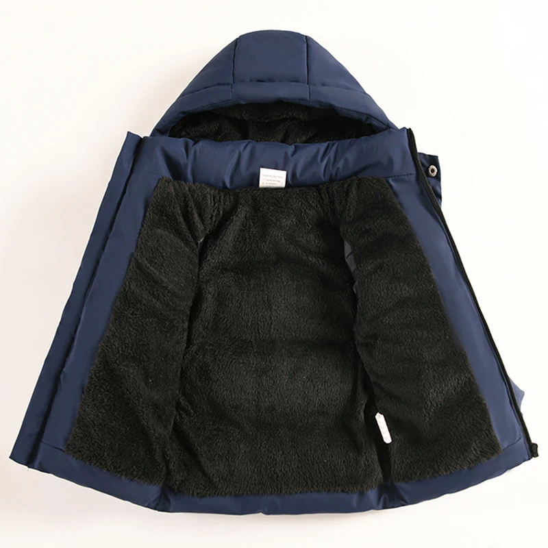 Boys Jacket Winter Teen Boys Jacket Solid Color Lining Plush Thick Warm Hooded Parka For Kids Cotton Down Leisure Snowsuit 4-12Y