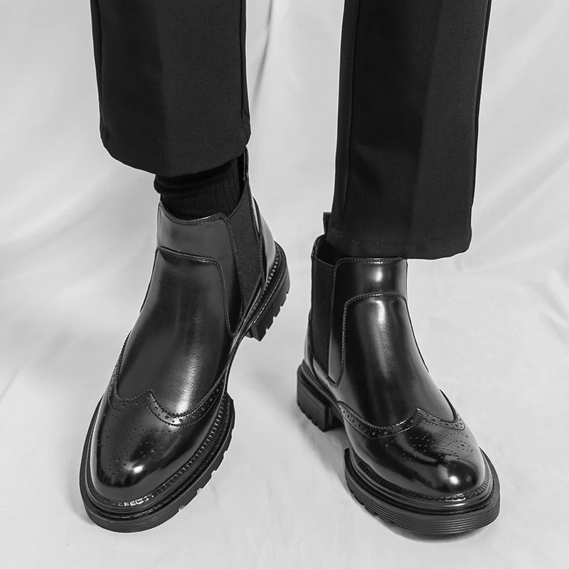 Men's Riding Boots British-Style Retro Brogue Carved High-Top Leather Shoes Men's Casual Leather Shoes Thick-Soled Leather Boots