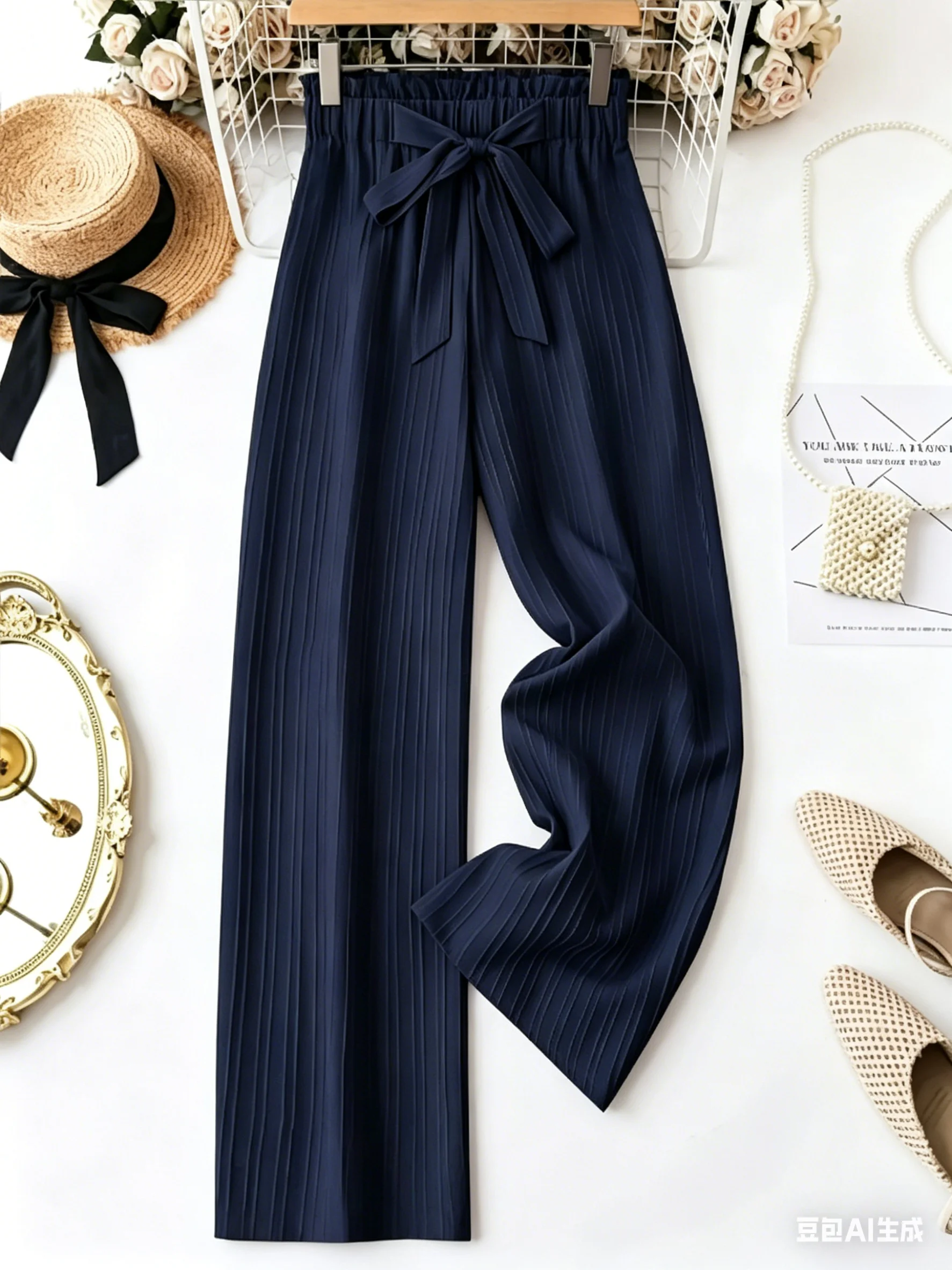 Navy Blue Women's Wide Leg Pants High Waist Bow Tie Elastic Waist Casual Trousers Summer 2026 New Arrival Textured Flowy Pants