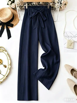 Navy Blue Women's Wide Leg Pants High Waist Bow Tie Elastic Waist Casual Trousers Summer…