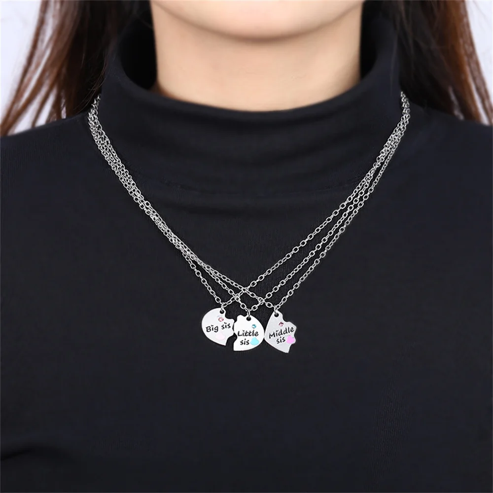 3 Pcs/Set Sisters Necklace For Women Heart Shape Letter Rhinestone Black Pink Pendant Lady Glamour Alloy Best Friends Forever