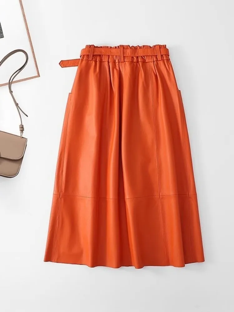 Elegant Office Ladies Genuine Leather Long Skirt Spring High Waist Sashes Solid Color Loose Fit Casual Sheepskin A-Line Skirts