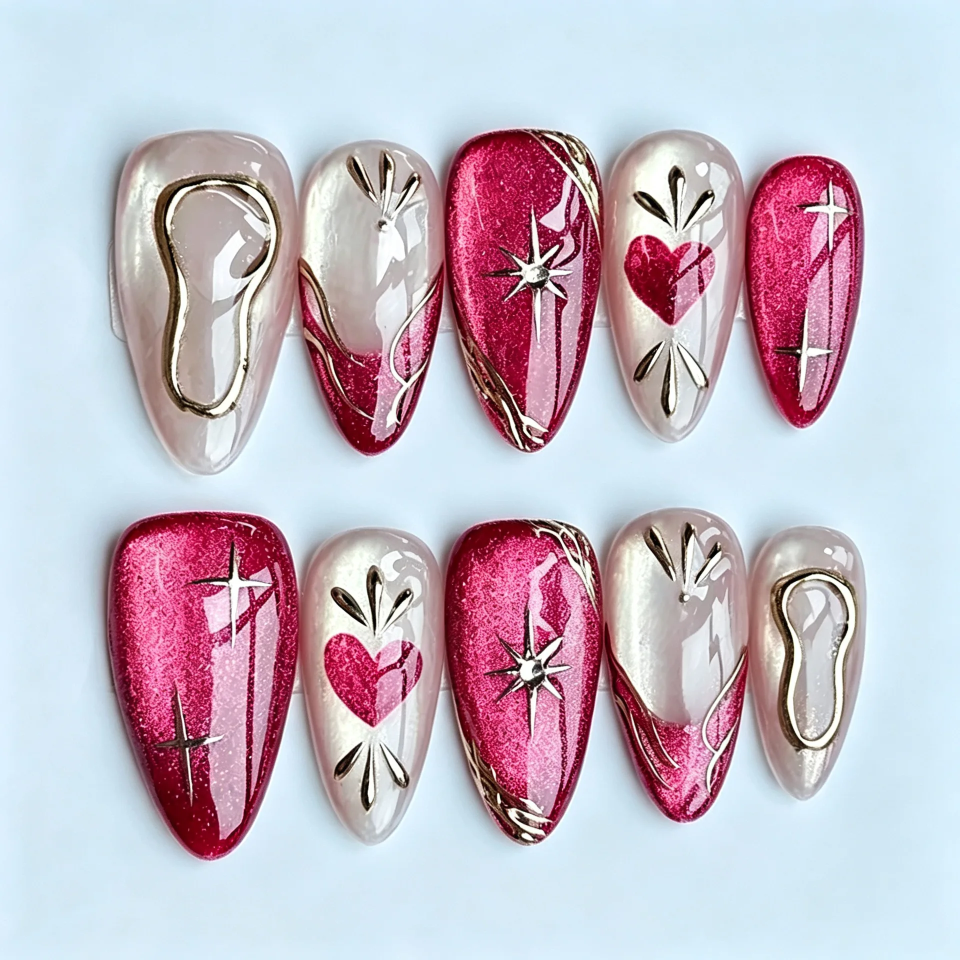 24Pcs 3D Gilded Design Almond Press on Nails Flower Butterfly Detachable Manicure Tips Full Cover Red Edge French Fake Nail Tips