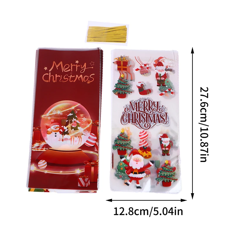 50Pcs Christmas Candy Gift Packaging Bag With Ribbon Ties Cookies Baking Xmas Plastic Bags Kids Party Favors Wrapping Bags