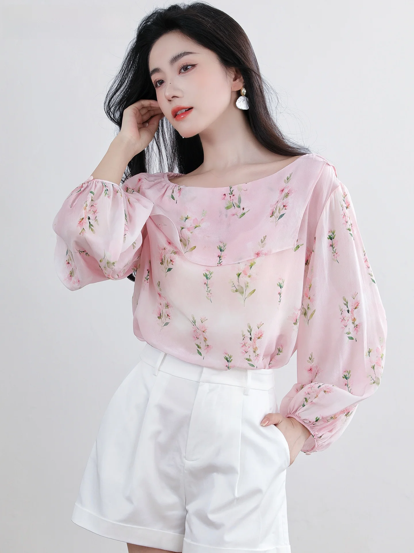 

Pink Silk Shirt Women's High-End Spring Summer New One-Shoulder Gentle Anti-Aging Unique Silk Shirt Casual Style Sli...