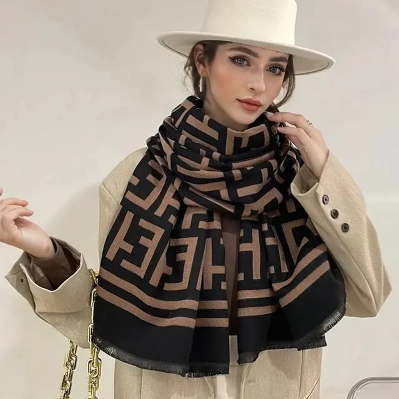 Women Winter Luxury Scarf Classic Letter Imitation Double Sided Thick Warm Large Shawl Cashmere Scarf Fashion Versatile European