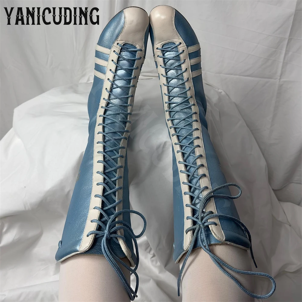 Sporty Style Knee-High Boots for Women Round Toe Comfortable Lace-Up Flat Boots Customizable Multi-color Leather Novelty Boots