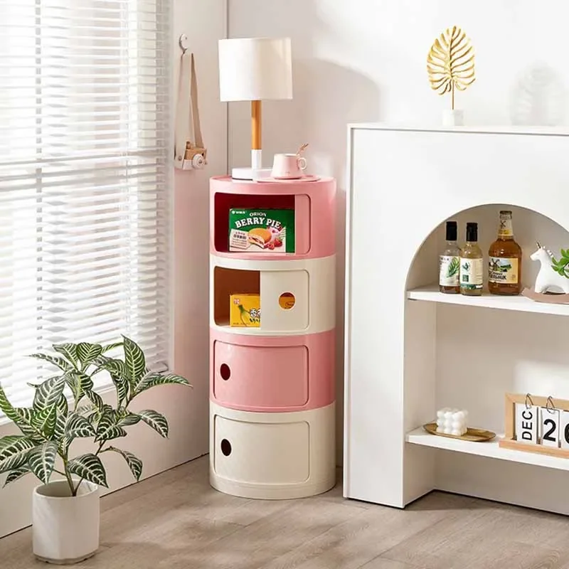 Modern Simple White Plastic Nightstands Circular Living Room Sofa Beside Side Table Bedroom Interior Small Cabinet Storage Boxes