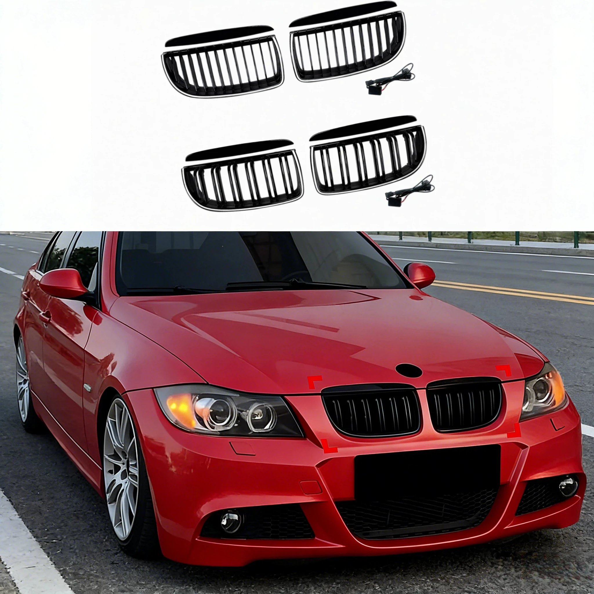 

LED Front Kidney Grille Double Slats Design For BMW 3 Series E90 E91 320I 325I 328I 330I 335I 2005-2008 With Light