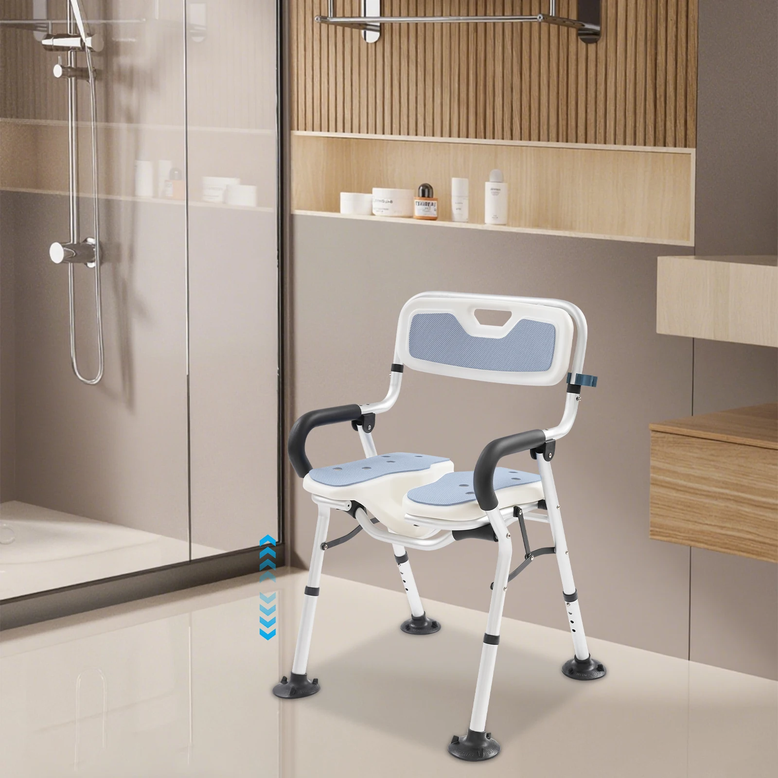 Silla de ducha plegable para mujeres mayores y embarazadas, asiento de baño en forma de U con respaldo y reposabrazos, altura ajustable, peso de 330 lb