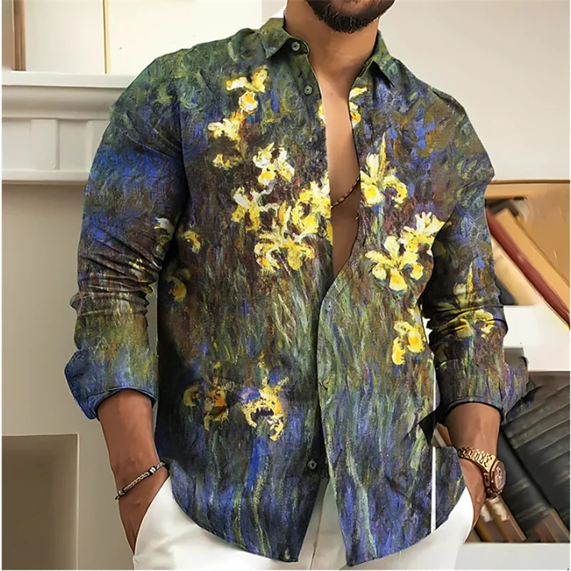 Camisa de manga longa estampada floral masculina, moda retrô, Street Design, casual e simples, botão de lapela, roupa masculina, tops