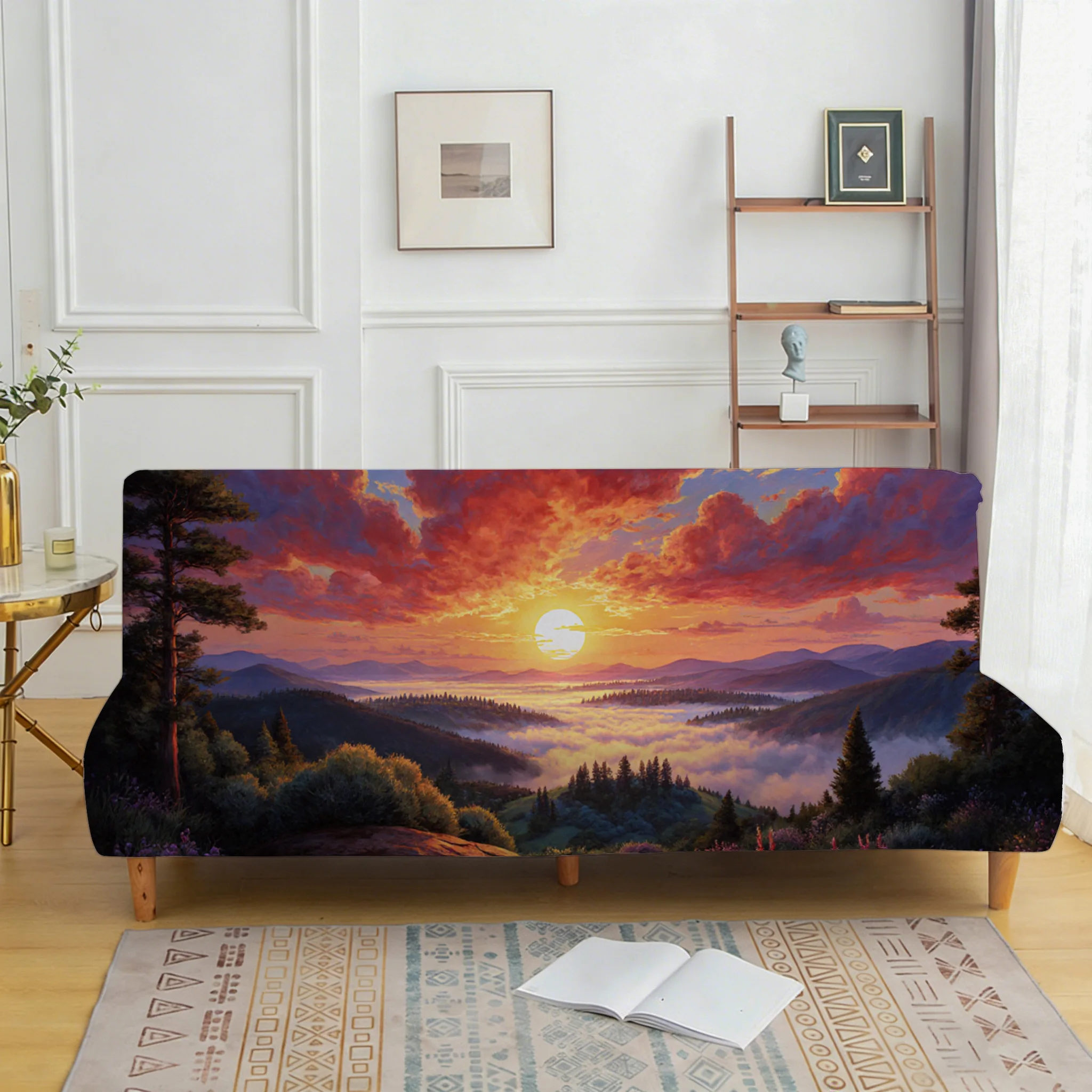 Cloud sea sunset mountain view sofa bed cover, non-slip and scratch-proof furniture protective cover, easy to install