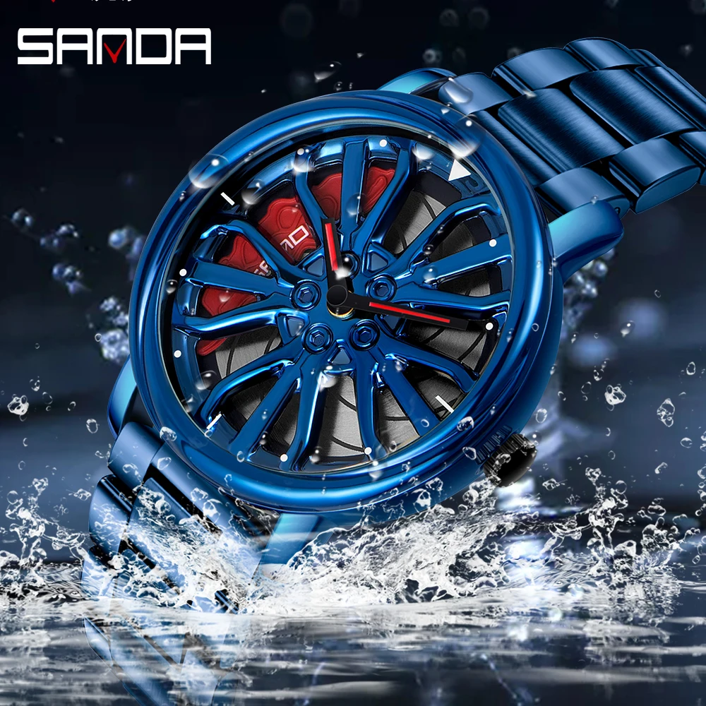 Men Fashion Hot Sell Car Rim Wristwatch 360 Degree Rotating Wheel Rim Dial Watches Stainless Steel Waterproof Sport Quartz Clock