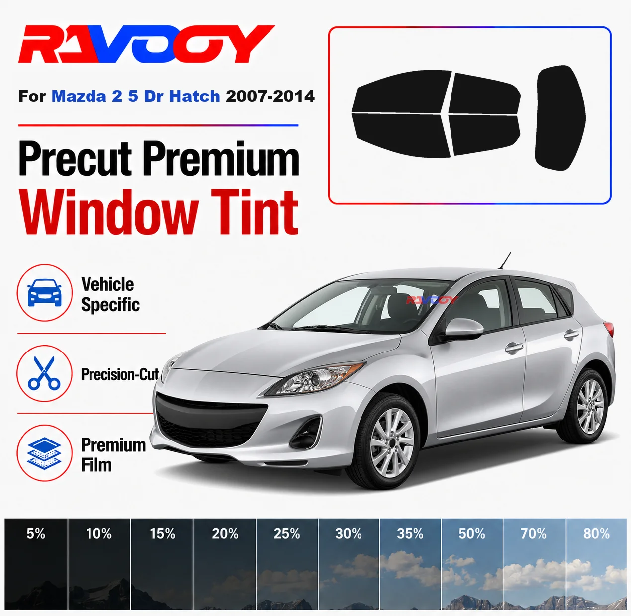 Kit de Vinilo para Ventanas Precortado Premium, Ventanas Delanteras y Traseras, Parabrisas Trasero para Mazda 2 5 Puertas Hatchback 2007-2014, Juego Completo de Película Nano Cerámica