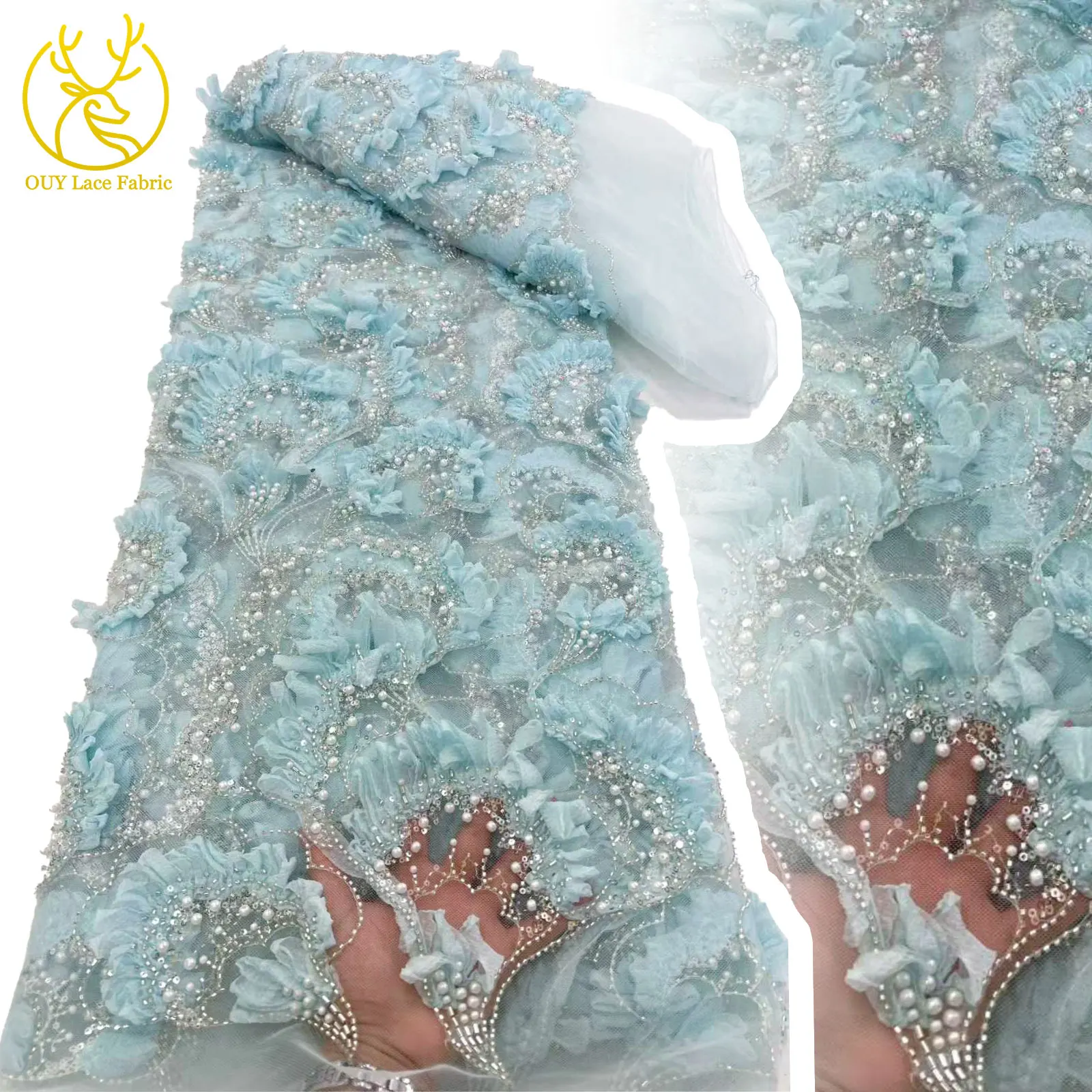 

3D Latest Elegant African Lace Fabric 2026 High Quality French Tulle Lace Nigeria Beaded Sequin Lace Fabric Wedding Dresses