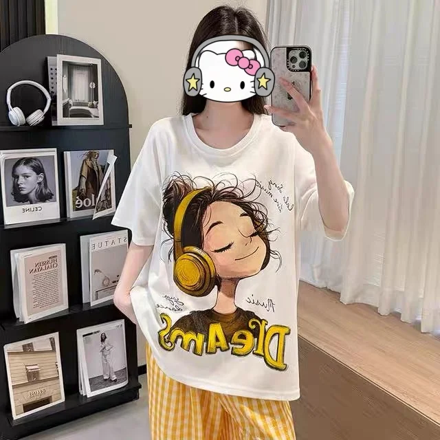 かわいい漫画の音楽少女、または Sve ラウンド ネ クラウド コットン スウェットセット、胸パッド付き、夏の甘い女の子のホームウェア