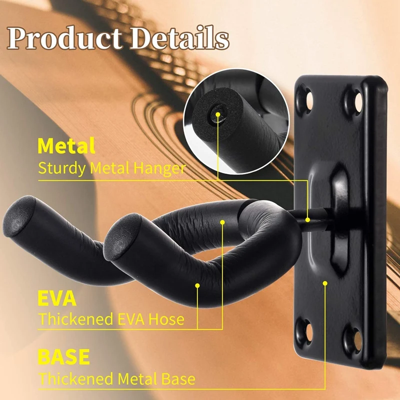 Gancho de suspensión de montaje en pared para guitarra, soporte para perchas de guitarra, ganchos para guitarras eléctricas acústicas y bajas, paquete de 3, negro