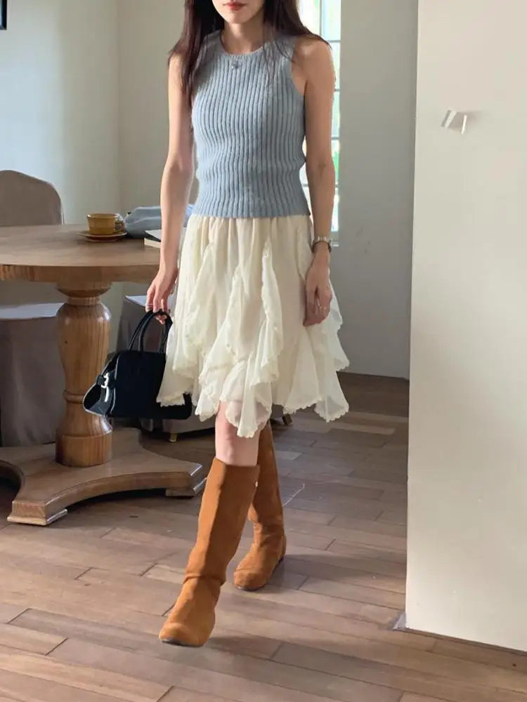 

Vintage Women Beige Patchwork Lace Sexy Club Pleated Midi Skirt Summer High Waist Elegant Slim Holiday Ruffle Edge Skirt Fashion